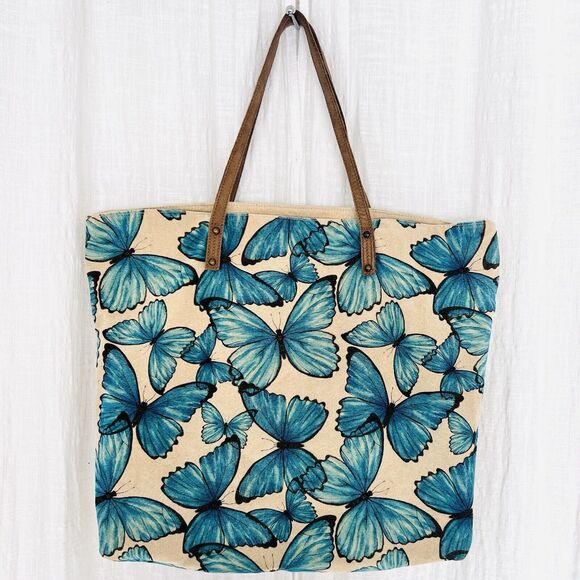 Cott N Curls Blue & Beige Butterfly Tote Bag - Picture 2 of 7